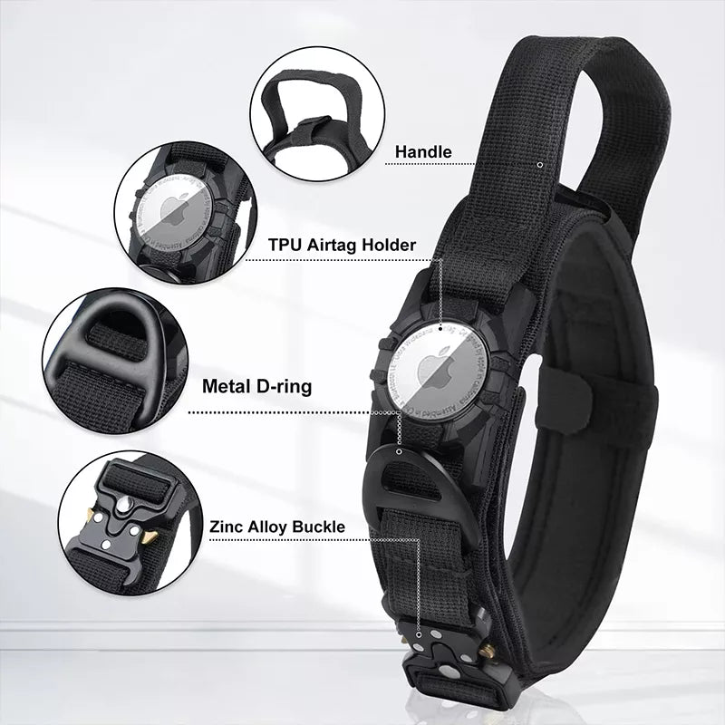 Coleira Tática para Cão com Suporte para AirTag e Alça