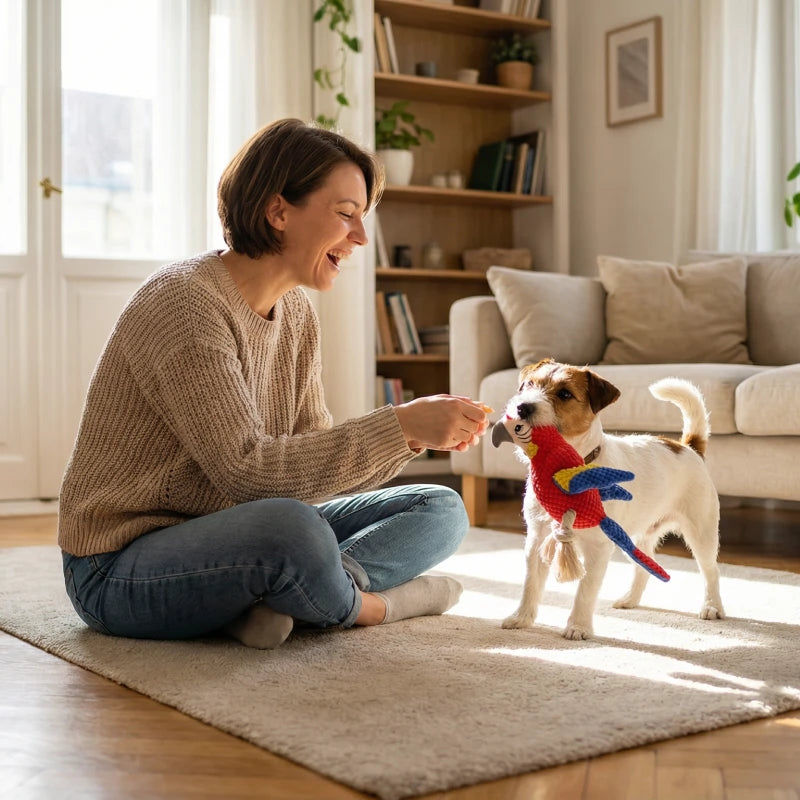 Brinquedo de Papagaio Macio e Interativo com Apito para Cães